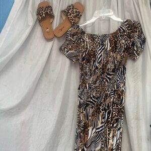 Off-Shoulder Animal Print Midi Dress in Brown/Black/White